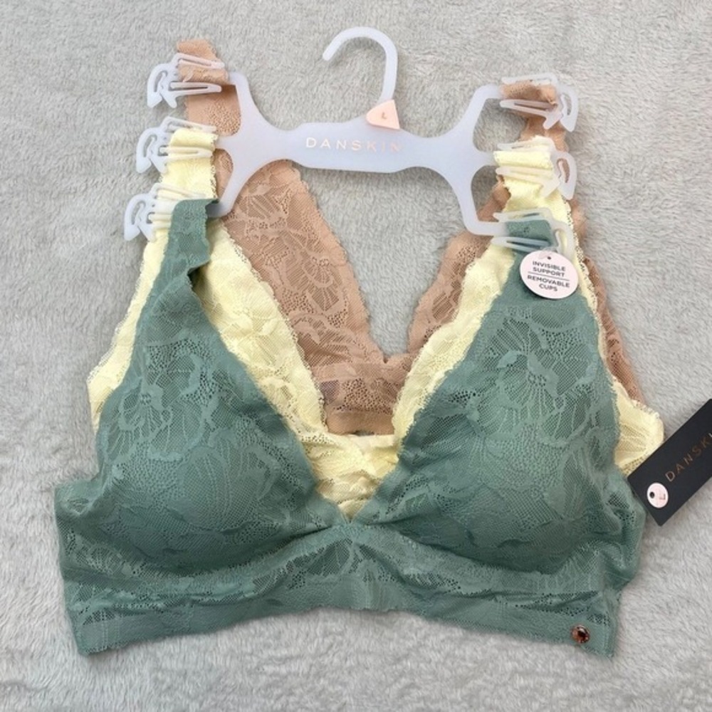 Danskin Lace Bralette Bra Size L 3pack Set Green Yellow Tan Comfort Wireless NWT